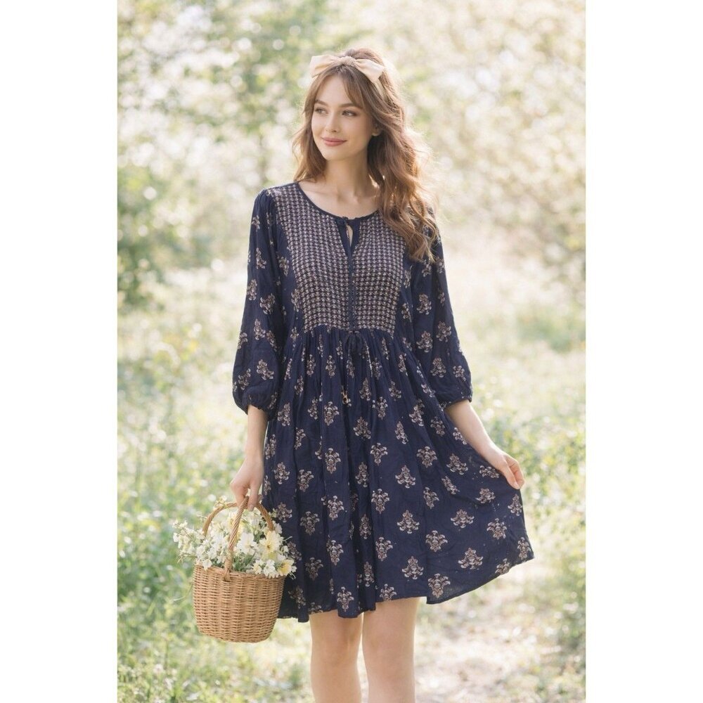 KNOX ROSE Black Floral Ballon Sleeve Dress XL Cottagecore Feminine Dainty Pocket
